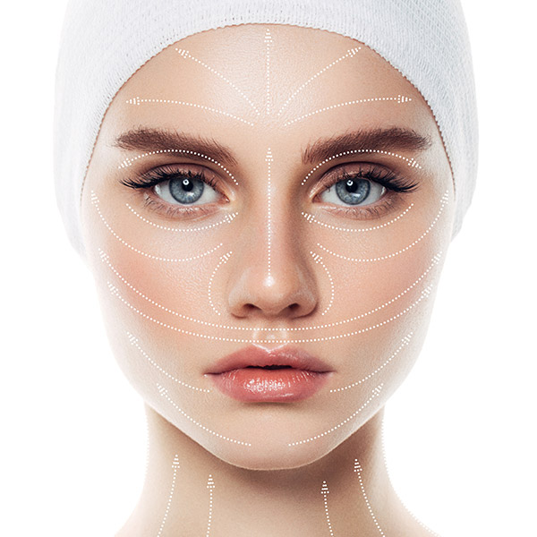 woman with arrows on her face depicting enhancements by a facelift